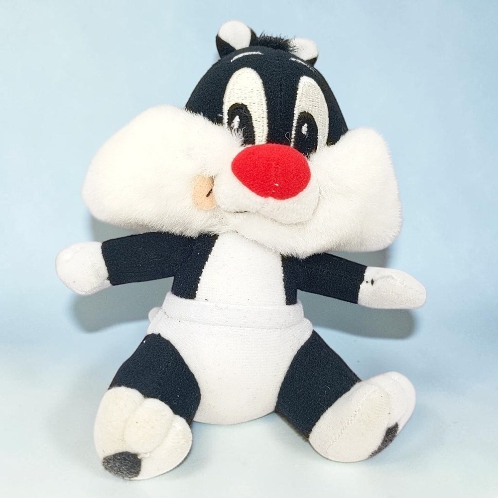 VTG 90s Warner Bros Looney Tunes Baby Sylvester Play by Play Cat Plush Toy 6"